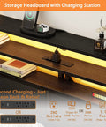 Storage headboard with charging station featuring USB ports and books on a modern black oak shelf.