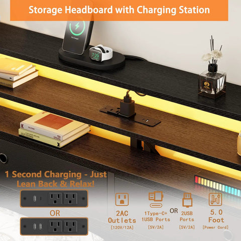 Storage headboard with charging station featuring USB ports and books on a modern black oak shelf.