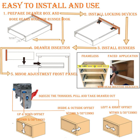 Undermount Soft Close 21 Inch Drawer Slides, Full Extension, Bottom Mount, Locking, 6 Pairs, Heavy Duty 100 Lb Capacity, Frameless Cabinet Hardware For Kitchen, Dresser And Tool Box Drawers, Quiet Smooth Operation installation diagram with adjustment guides
