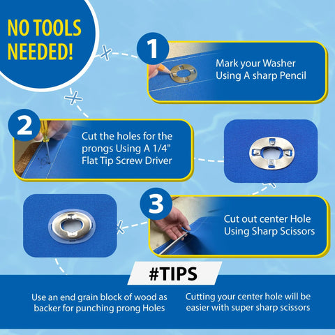 EZ-Xtend Marine Grade Twist Fasteners 10-pack; blue canvas installation infographic showing washer hardware.