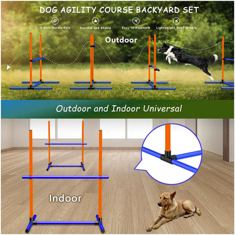 6 Piece Dog Agility Jumps And Hurdles Set With Adjustable Heights, featuring PVC hurdles in outdoor and indoor settings.