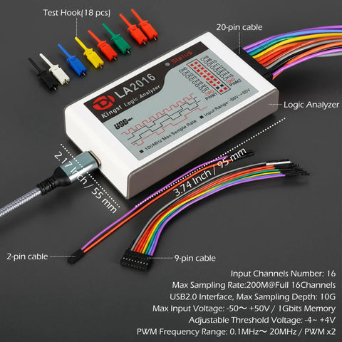 Usb Logic Analyzer With 16 Channels And 2 Pwm Channels 200MHz Sampling Rate Pc Software For Windows Mac Os And Linux Cross Platform Compatibility That Makes Debugging A Breeze, showing device and cables