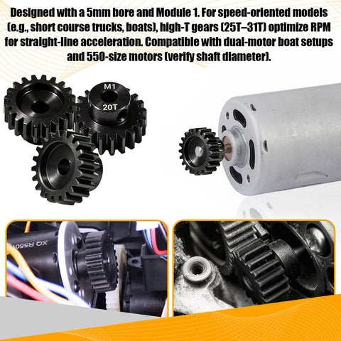 20T 5mm Bore Hardened Steel Motor Pinion Gear 3 Pack For 1/8 And 1/10 RC Crawlers Monster Trucks Short Course Trucks And Boats Fits 550 540 Motors 5mm Shafts Compatible With Traxxas Axial FMS HSP Losi Redcat, gears displayed with motor setup