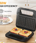 Three In One Sandwich And Waffle Maker With Removable Plates Panini Press Nonstick Plates Indicator Lights And Cool Touch Handle 750W Black Kitchen Gadget for grab and go breakfasts shown open with waffles inside on a kitchen counter.