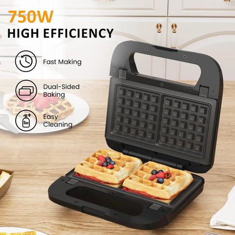 Three In One Sandwich And Waffle Maker With Removable Plates Panini Press Nonstick Plates Indicator Lights And Cool Touch Handle 750W Black Kitchen Gadget for grab and go breakfasts shown open with waffles inside on a kitchen counter.
