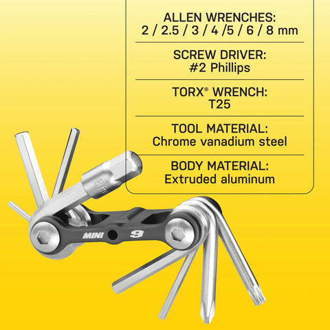 Mini 9 Function Bicycle Tool For Quick On The Go Bike Repairs With Allen Wrenches Two, Two Point Five, Three, Four, Five, Six, And Eight Millimeters, Torx T25, And Phillips Two, Compact Chrome Vanadium Multi Tool In Black And Silver For Riders