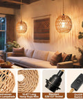 Handcrafted Rattan Pendant Light With Extended Plug In Cord And Simple Toggle Switch Brings Chill Weekend Vibes To Your Cozy Bedroom Or Living Room Egg Shade Fixture, two hanging fixtures in a warm-lit living room.