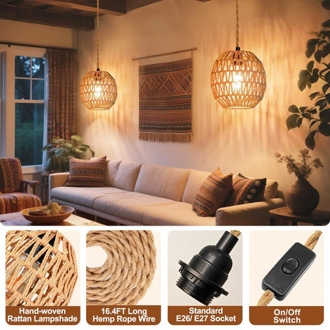Handcrafted Rattan Pendant Light With Extended Plug In Cord And Simple Toggle Switch Brings Chill Weekend Vibes To Your Cozy Bedroom Or Living Room Egg Shade Fixture, two hanging fixtures in a warm-lit living room.