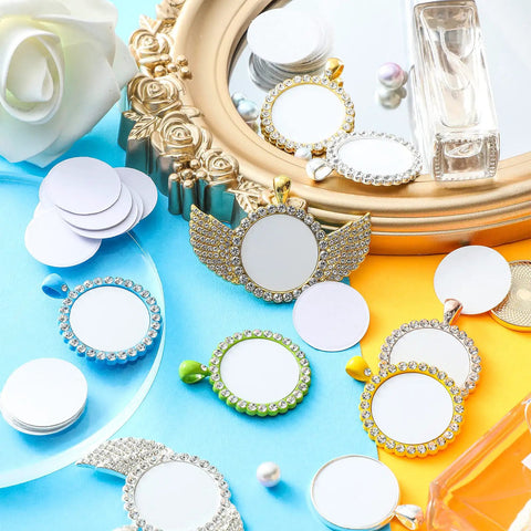 DIY Sublimation Aluminum Blanks Set 1 Inch Round Discs With Bezel Pendant Trays 200 Pieces on decorative background