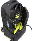 Hydros Carry Bag For Scuba Gear with Padded Harness, Top Handle, and Exterior Fin Straps, compact view showing scuba fins inside