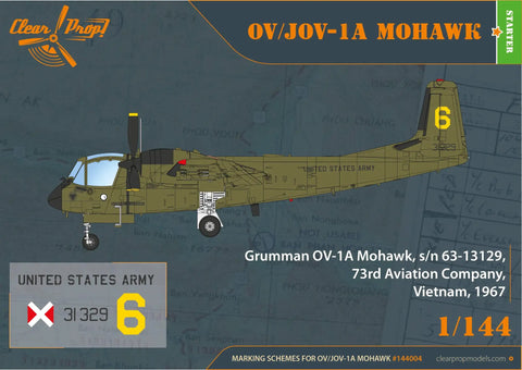 Illustration of 1/144 OV-1 Mohawk Military Aircraft Model Kit with army markings and historical details for hobbyists.