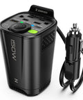 Heavy Duty 150W Car Power Inverter That Smoothly Converts 12V DC To 110V AC Featuring Two AC Outlets Dual 30W PD USB Ports and Reliable Laptop Power for No Sweat Road Trips, close-up view with cables.