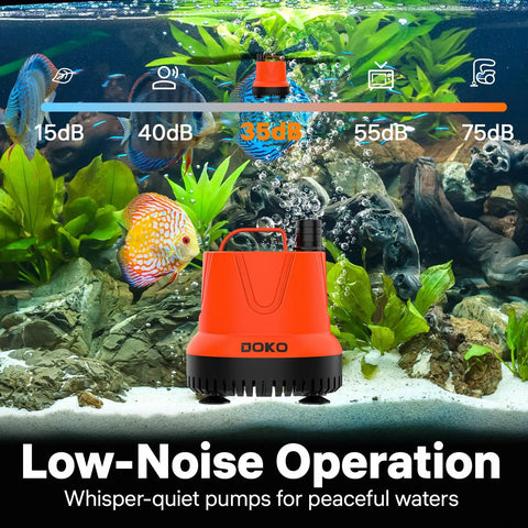 850 GPH Submersible Pond Pump With Ultra Quiet Operation, 60W Power in aquarium with noise level comparison chart