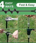 Heavy Duty 18 Inch Ground Anchors 4 Pack Fully Welded Screw In Stakes for Swing Sets High Wind Tent Hurricane Carports Sheds And Mobile Homes With Straps T Wrench Drill Adapter Kit Included showing installation methods.