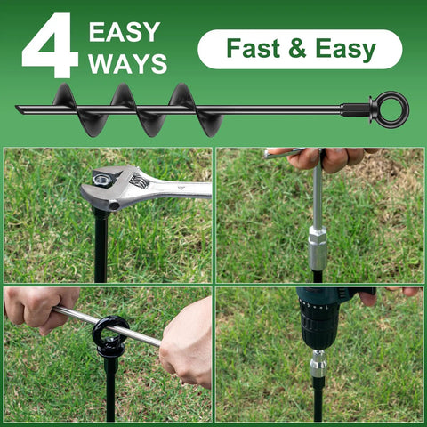 Heavy Duty 18 Inch Ground Anchors 4 Pack Fully Welded Screw In Stakes for Swing Sets High Wind Tent Hurricane Carports Sheds And Mobile Homes With Straps T Wrench Drill Adapter Kit Included showing installation methods.