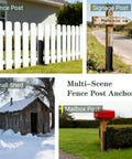 Beefed Up Heavy Duty Fence Post Anchor and Repair Kit shown installed on fence, signage, shed, and mailbox posts, 4-pack black.
