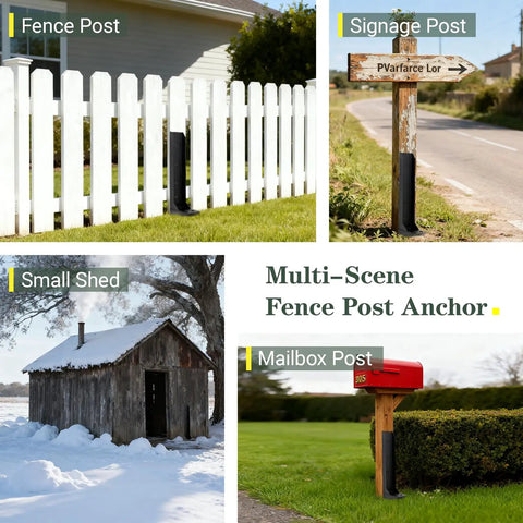 Beefed Up Heavy Duty Fence Post Anchor and Repair Kit shown installed on fence, signage, shed, and mailbox posts, 4-pack black.