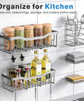 Rustproof Stainless Steel Shower Caddy Set With No Drill Adhesive For Inside Shower, Bathroom And Kitchen Organization, Five Piece Hanging Kit With Soap Holders And Toothbrush Holder, Large Capacity, Easy Install, XL Size shown in kitchen setting