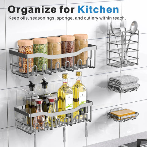 Rustproof Stainless Steel Shower Caddy Set With No Drill Adhesive For Inside Shower, Bathroom And Kitchen Organization, Five Piece Hanging Kit With Soap Holders And Toothbrush Holder, Large Capacity, Easy Install, XL Size shown in kitchen setting
