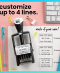 Top Shelf Heavy Duty Self Inking Date Stamp Black Customizable Up To Four Lines Of Text showing customization options and layout.