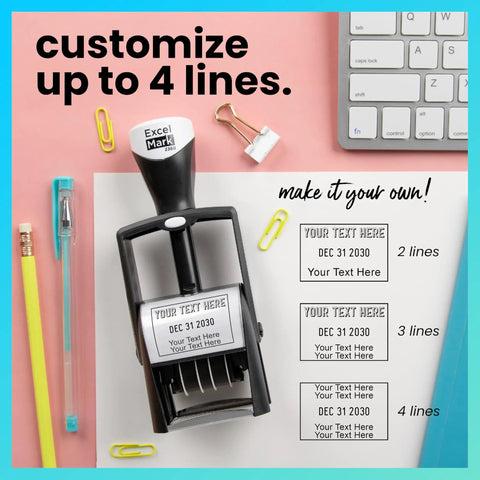 Top Shelf Heavy Duty Self Inking Date Stamp Black Customizable Up To Four Lines Of Text showing customization options and layout.