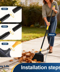 Woman using Heavy Duty Outdoor Broom With 54 Inch Reach For Courtyard Garage Lobby Mall Market Floors Pet Hair Debris Clean