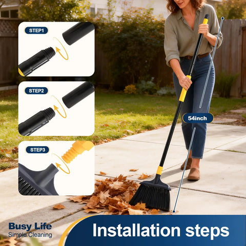 Woman using Heavy Duty Outdoor Broom With 54 Inch Reach For Courtyard Garage Lobby Mall Market Floors Pet Hair Debris Clean