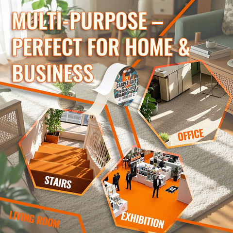 Heavy Duty Double Sided Carpet Tape With Reinforced Grid shown in living room, stairs, office, and exhibition for versatile use.