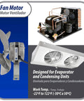 5W 115V 60Hz Condenser And Evaporator Fan Motor With 8 Inch Aluminum Blade And Mounting Base shown in setup with units