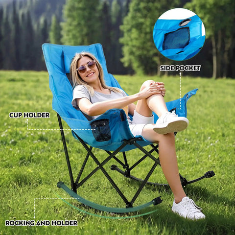 Woman lounging in Oversized Rocking Camping Chair With Luxury Padded Recliner For All Day Comfort Heavy Duty Folding Lawn Chair Blue