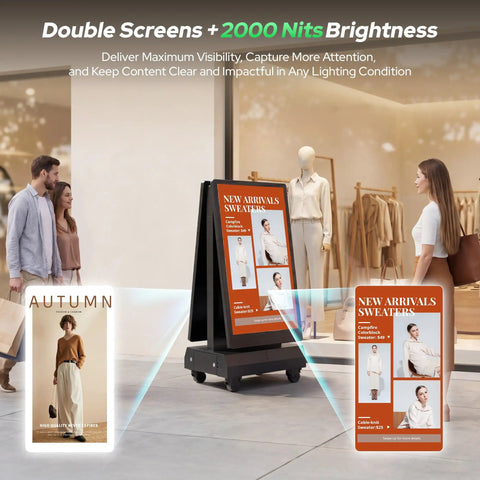 Street Smart 43 Inch Outdoor Double Sided Digital Signage slaps bold ads both ways with vibrant visuals on sidewalks.