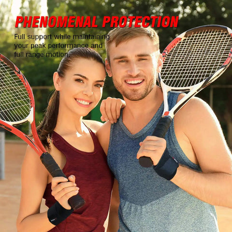 Two people with tennis rackets wearing All Day Ultra Comfy Carpal Tunnel Wrist Support That Fits Left Or Right Hand, Adjustable Compression Brace.