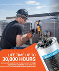 Technician installing Beefy Dual Run 35/5 MFD AC Capacitor 370-440V for fans, motors, and heat pumps in outdoor condensers