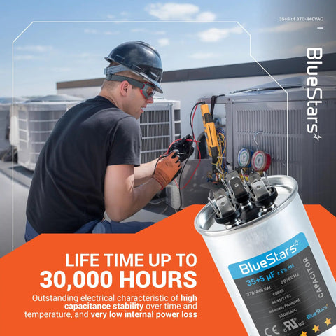 Technician installing Beefy Dual Run 35/5 MFD AC Capacitor 370-440V for fans, motors, and heat pumps in outdoor condensers
