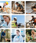 100 Pack Clear Safety Glasses For Men And Women, Ansi Z87.1 Certified Polycarbonate Eye Protection Crew Essentials Rig Ready Gear For Hard Hitting Construction And Labor Hustles worn by workers in various safety settings.