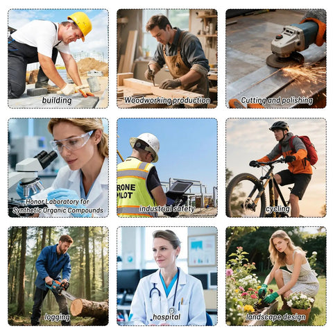 100 Pack Clear Safety Glasses For Men And Women, Ansi Z87.1 Certified Polycarbonate Eye Protection Crew Essentials Rig Ready Gear For Hard Hitting Construction And Labor Hustles worn by workers in various safety settings.