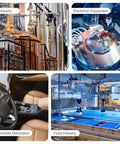 Collage of industrial, electronic, automotive, and food industry settings showcasing diverse applications of 304 stainless steel.