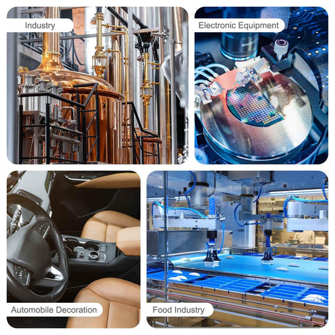 Collage of industrial, electronic, automotive, and food industry settings showcasing diverse applications of 304 stainless steel.