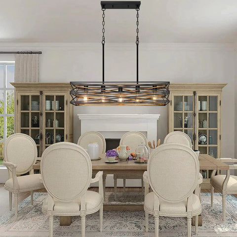 Farmhouse Style 33.5 Inch Five Light Linear Chandelier With Retro Wood Texture in dining room setting