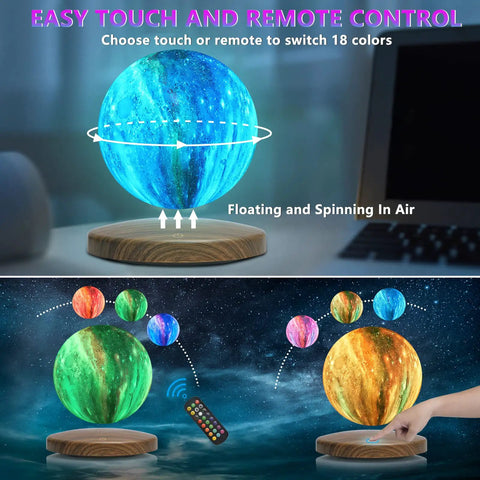 Levitating Moon Lamp 6 Inch With 18 Color Galaxy LED Light Remote Control 3D Floating Moon Night Light hovering above base