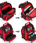 Open view of red tactical medical sling backpack for EMS emergency supplies with MOLLE system, showing interior compartments
