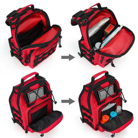 Open view of red tactical medical sling backpack for EMS emergency supplies with MOLLE system, showing interior compartments