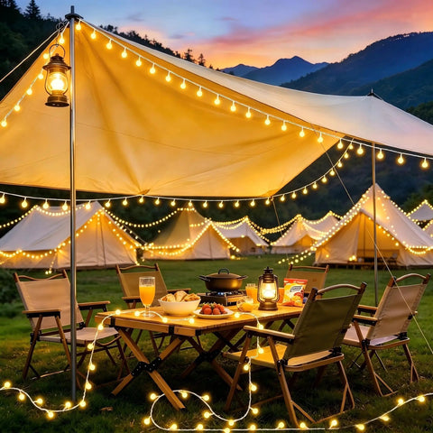 Rechargeable Camping String Lights 33Ft 100 LED Globe Bulbs Warm White With Timer illuminate tent and dining setup outdoors