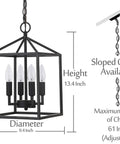 Vintage Foyer Lantern Pendant Light With 4 Light Iron Matte Black Chandelier Hard Wired Fixture UL Listed Adjustable Hanging Height Up To 61 Inches Uses 4 E12 Bulbs Not Included Retro Indoor Lighting with dimensions showing height of 13.4 inches and diameter of 9.4 inches.