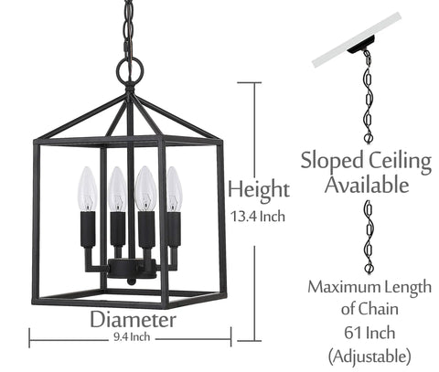 Vintage Foyer Lantern Pendant Light With 4 Light Iron Matte Black Chandelier Hard Wired Fixture UL Listed Adjustable Hanging Height Up To 61 Inches Uses 4 E12 Bulbs Not Included Retro Indoor Lighting with dimensions showing height of 13.4 inches and diameter of 9.4 inches.