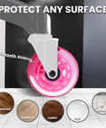 Close-up of pink rollerblade office chair wheel highlighting smooth, quiet glide for hardwood and carpet floors.