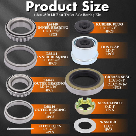 Trailer bearing kit for 3500 lb axles, 4-set hub with inner/outer bearings, dust caps, grease seals, spindle nuts.
