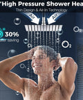 Person showering under Top Notch 12 Inch Rain Shower Head With Adjustable Extension Arm All Metal 304 Stainless Steel High Pressure Rainfall Shower Head Square Waterfall Fixed Shower Head For Bathroom Chrome.