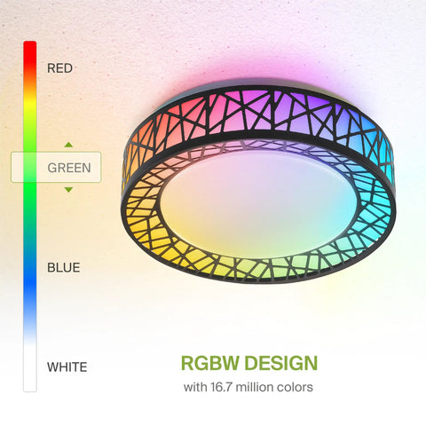 RGBW LED Flush Mount Ceiling Light Fixture 16 Inch Black With 28W 1576LM 5 CCT 2700K To 5000K Triac Dimmable with color options