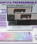 Smooth Wireless Mechanical Keyboard With Sleek Rotary Knob And Sick Tri Mode Sync For Effortless Multi Device Pairing Purple Crystal Switches Zero Lag Gaming Rig Built Different showcased beside laptop with software interface.